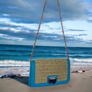Turquoise leather&natural straw crossbody or clutch gold lock & removable chain